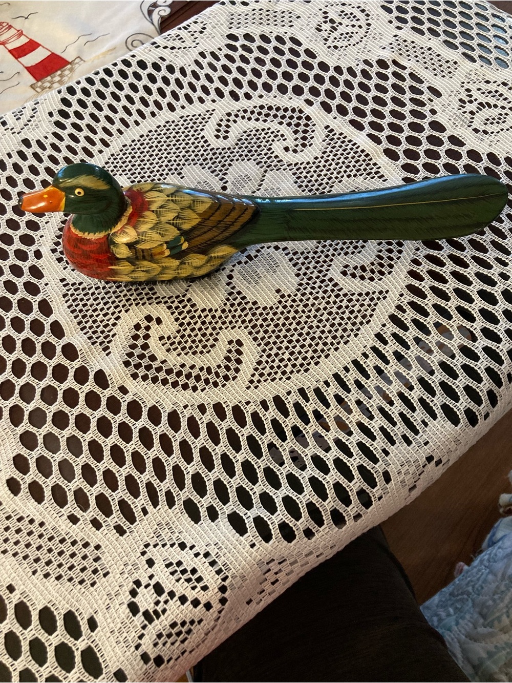 Hand-Painted Decorative Bird Figurine in Green and Red - Unbranded